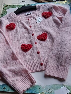 Love  Knits Button Down  PinkCardigan Sweater with Red Hearts